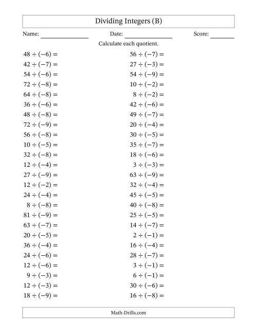 The Dividing Positive by Negative Integers from -9 to 9 (50 Questions) (B) Math Worksheet