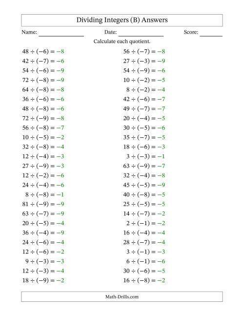 The Dividing Positive by Negative Integers from -9 to 9 (50 Questions) (B) Math Worksheet Page 2