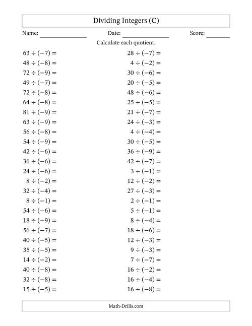 The Dividing Positive by Negative Integers from -9 to 9 (50 Questions) (C) Math Worksheet