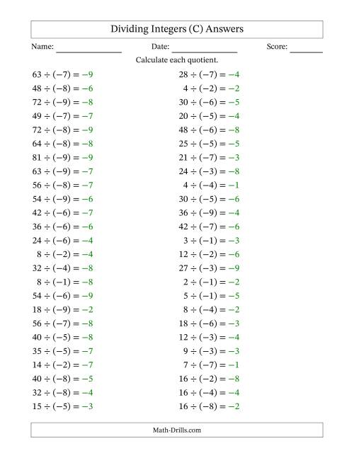 The Dividing Positive by Negative Integers from -9 to 9 (50 Questions) (C) Math Worksheet Page 2