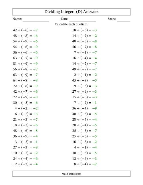 The Dividing Positive by Negative Integers from -9 to 9 (50 Questions) (D) Math Worksheet Page 2