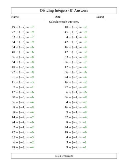 The Dividing Positive by Negative Integers from -9 to 9 (50 Questions) (E) Math Worksheet Page 2