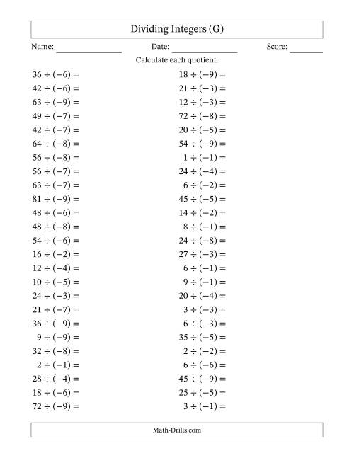 The Dividing Positive by Negative Integers from -9 to 9 (50 Questions) (G) Math Worksheet