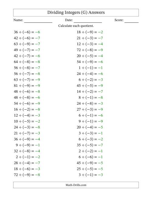 The Dividing Positive by Negative Integers from -9 to 9 (50 Questions) (G) Math Worksheet Page 2