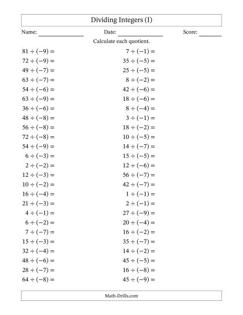 The Dividing Positive by Negative Integers from -9 to 9 (50 Questions) (I) Math Worksheet