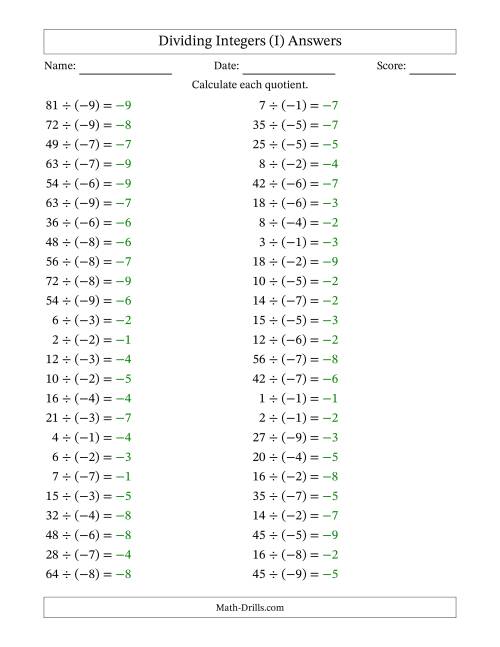 The Dividing Positive by Negative Integers from -9 to 9 (50 Questions) (I) Math Worksheet Page 2