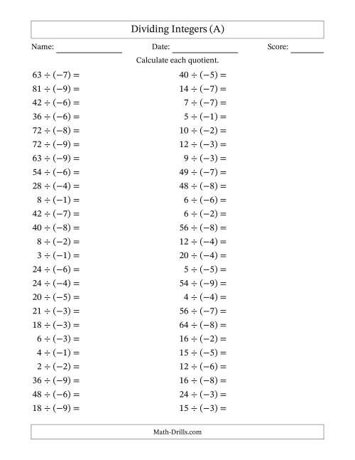 The Dividing Positive by Negative Integers from -9 to 9 (50 Questions) (All) Math Worksheet