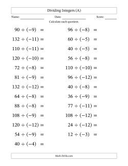 Dividing Positive by Negative Integers from -12 to 12 (25 Questions; Large Print)