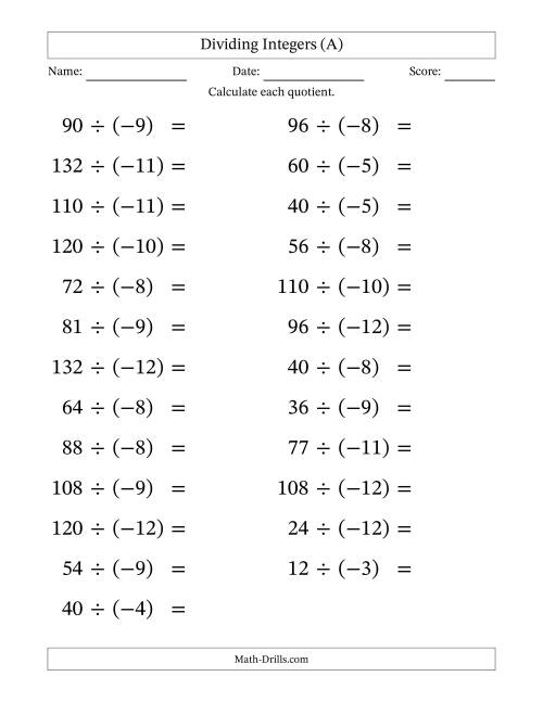 The Dividing Positive by Negative Integers from -12 to 12 (25 Questions; Large Print) (A) Math Worksheet