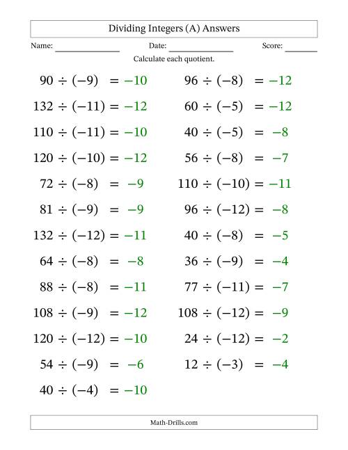 The Dividing Positive by Negative Integers from -12 to 12 (25 Questions; Large Print) (A) Math Worksheet Page 2