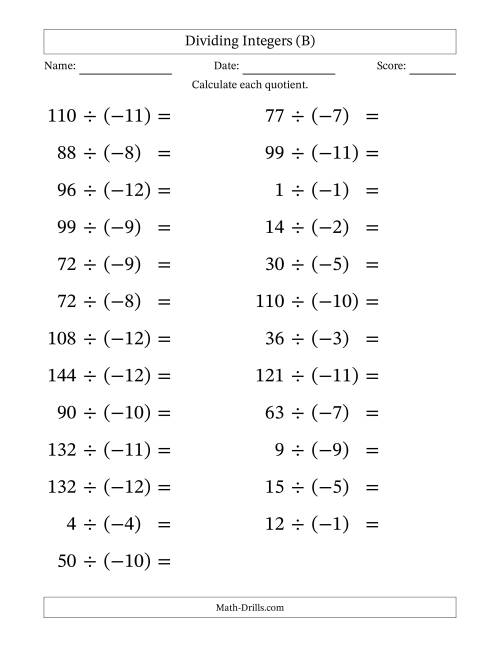 The Dividing Positive by Negative Integers from -12 to 12 (25 Questions; Large Print) (B) Math Worksheet