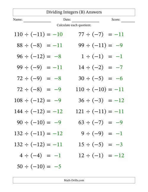 The Dividing Positive by Negative Integers from -12 to 12 (25 Questions; Large Print) (B) Math Worksheet Page 2