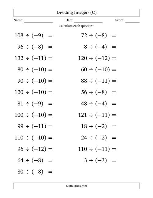 The Dividing Positive by Negative Integers from -12 to 12 (25 Questions; Large Print) (C) Math Worksheet