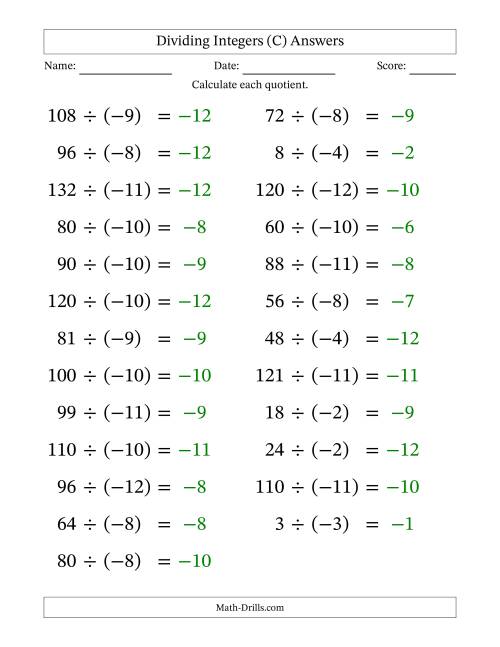 The Dividing Positive by Negative Integers from -12 to 12 (25 Questions; Large Print) (C) Math Worksheet Page 2