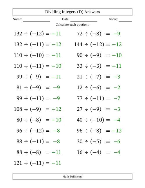 The Dividing Positive by Negative Integers from -12 to 12 (25 Questions; Large Print) (D) Math Worksheet Page 2