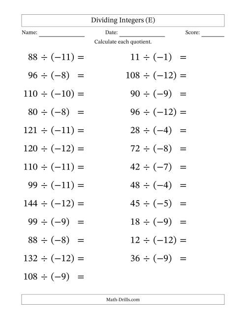 The Dividing Positive by Negative Integers from -12 to 12 (25 Questions; Large Print) (E) Math Worksheet