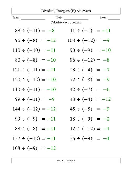The Dividing Positive by Negative Integers from -12 to 12 (25 Questions; Large Print) (E) Math Worksheet Page 2