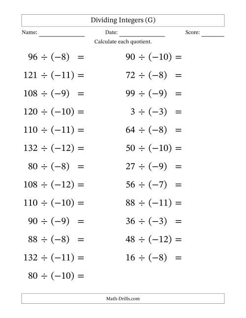 The Dividing Positive by Negative Integers from -12 to 12 (25 Questions; Large Print) (G) Math Worksheet