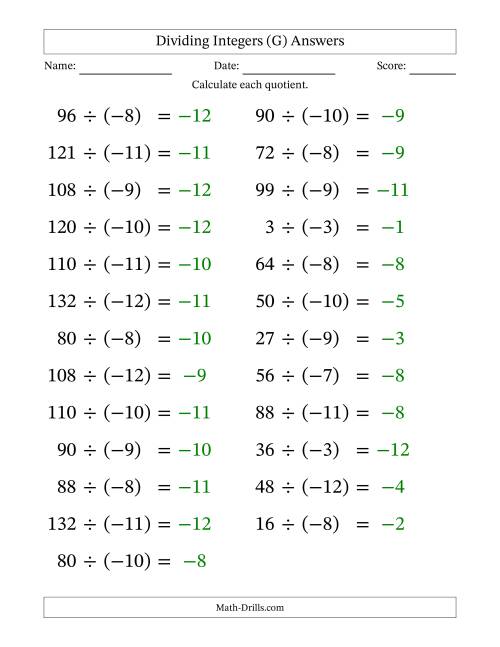 The Dividing Positive by Negative Integers from -12 to 12 (25 Questions; Large Print) (G) Math Worksheet Page 2