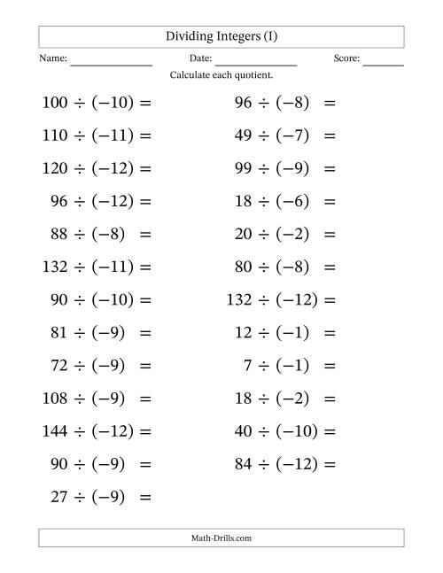 The Dividing Positive by Negative Integers from -12 to 12 (25 Questions; Large Print) (I) Math Worksheet