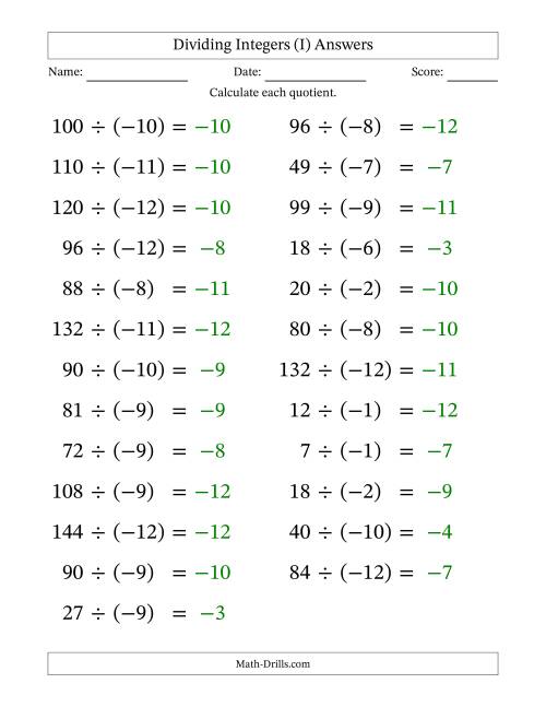 The Dividing Positive by Negative Integers from -12 to 12 (25 Questions; Large Print) (I) Math Worksheet Page 2