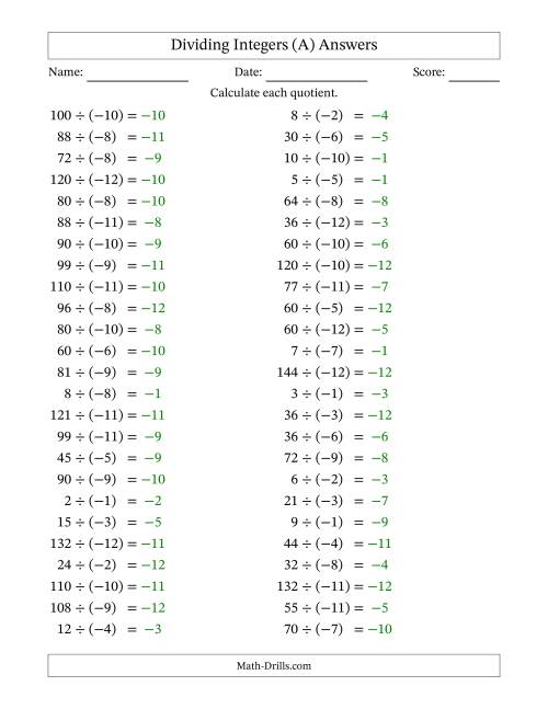 The Dividing Positive by Negative Integers from -12 to 12 (50 Questions) (A) Math Worksheet Page 2