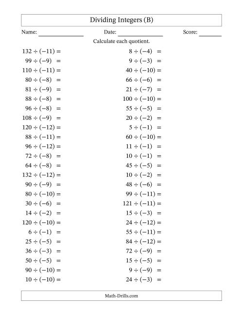 The Dividing Positive by Negative Integers from -12 to 12 (50 Questions) (B) Math Worksheet
