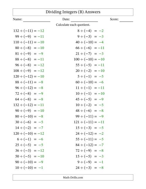 The Dividing Positive by Negative Integers from -12 to 12 (50 Questions) (B) Math Worksheet Page 2