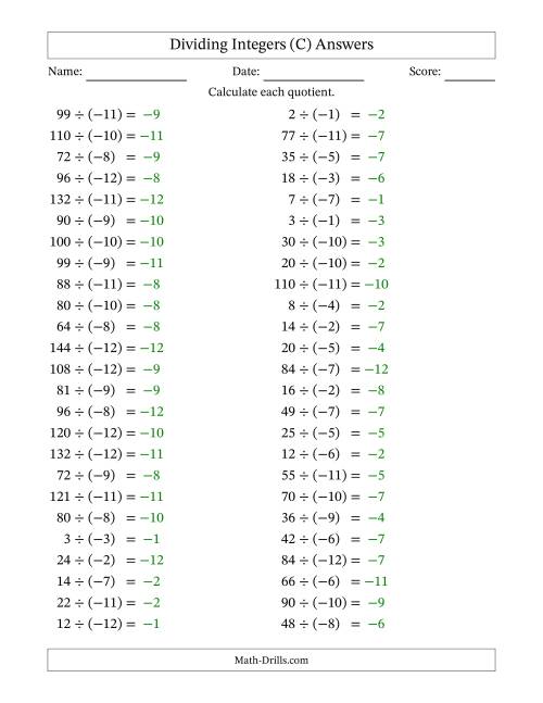 The Dividing Positive by Negative Integers from -12 to 12 (50 Questions) (C) Math Worksheet Page 2