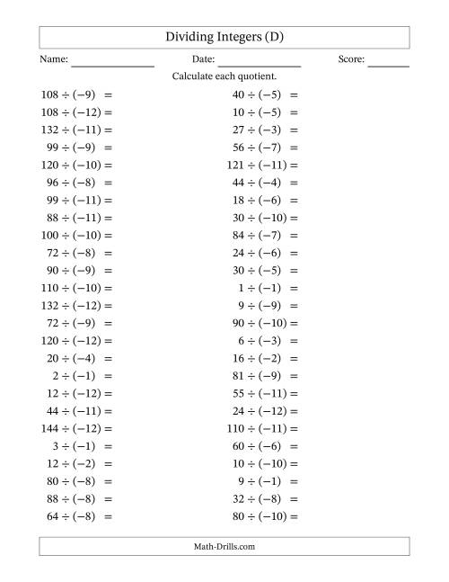 The Dividing Positive by Negative Integers from -12 to 12 (50 Questions) (D) Math Worksheet