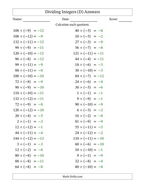 The Dividing Positive by Negative Integers from -12 to 12 (50 Questions) (D) Math Worksheet Page 2