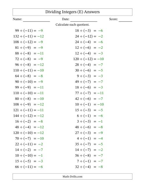 The Dividing Positive by Negative Integers from -12 to 12 (50 Questions) (E) Math Worksheet Page 2