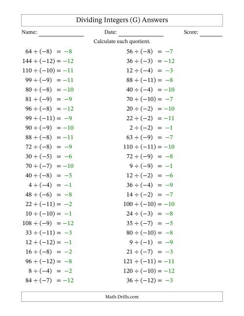 The Dividing Positive by Negative Integers from -12 to 12 (50 Questions) (G) Math Worksheet Page 2