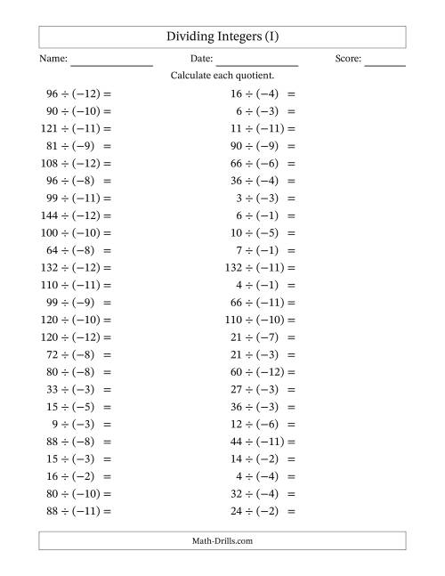 The Dividing Positive by Negative Integers from -12 to 12 (50 Questions) (I) Math Worksheet