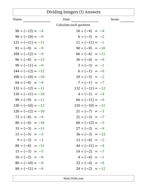 The Dividing Positive by Negative Integers from -12 to 12 (50 Questions) (I) Math Worksheet Page 2