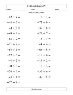 Dividing Negative by Positive Integers from -9 to 9 (25 Questions; Large Print)