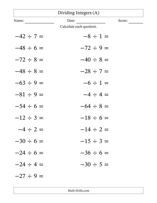 The Dividing Negative by Positive Integers from -9 to 9 (25 Questions; Large Print) (A) Math Worksheet