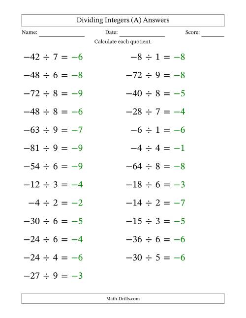 The Dividing Negative by Positive Integers from -9 to 9 (25 Questions; Large Print) (A) Math Worksheet Page 2