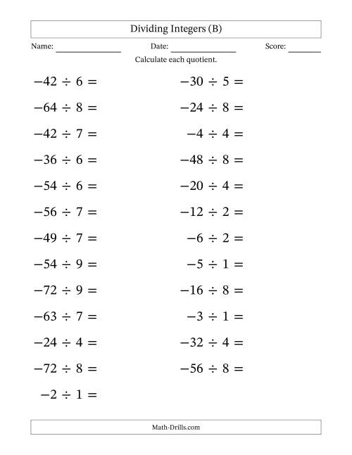 The Dividing Negative by Positive Integers from -9 to 9 (25 Questions; Large Print) (B) Math Worksheet
