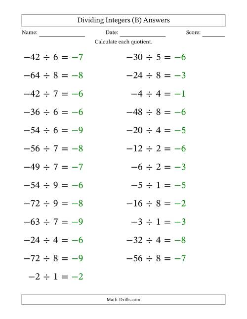 The Dividing Negative by Positive Integers from -9 to 9 (25 Questions; Large Print) (B) Math Worksheet Page 2