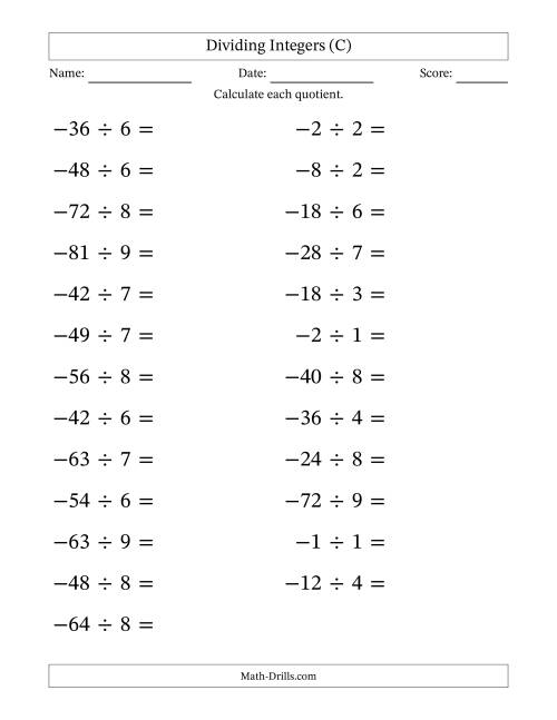 The Dividing Negative by Positive Integers from -9 to 9 (25 Questions; Large Print) (C) Math Worksheet