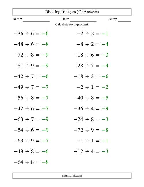 The Dividing Negative by Positive Integers from -9 to 9 (25 Questions; Large Print) (C) Math Worksheet Page 2