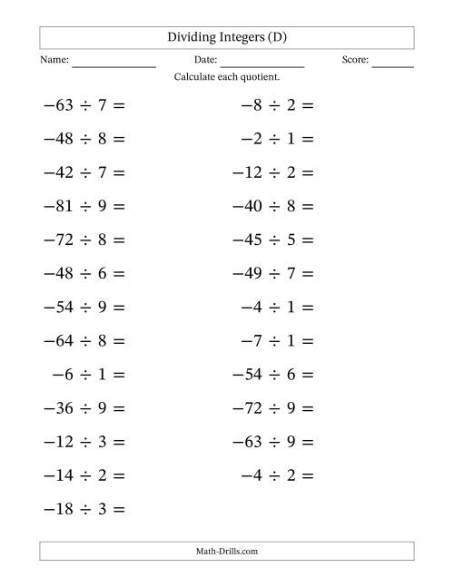 The Dividing Negative by Positive Integers from -9 to 9 (25 Questions; Large Print) (D) Math Worksheet