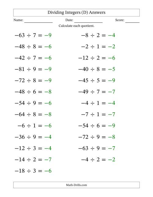 The Dividing Negative by Positive Integers from -9 to 9 (25 Questions; Large Print) (D) Math Worksheet Page 2