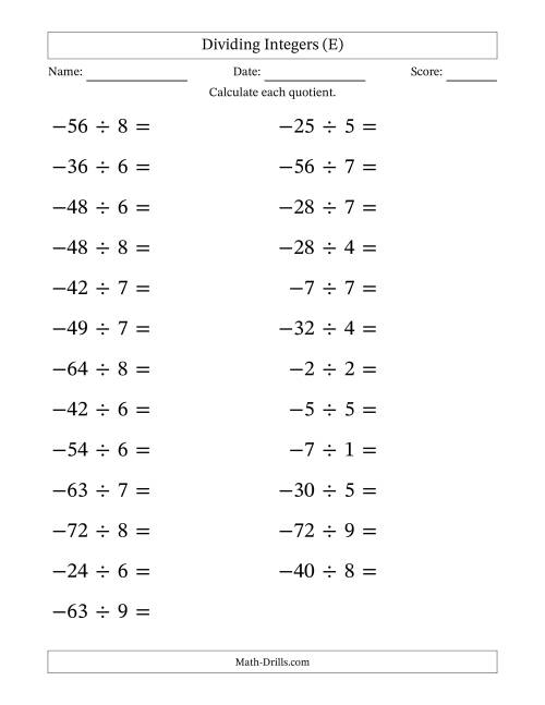 The Dividing Negative by Positive Integers from -9 to 9 (25 Questions; Large Print) (E) Math Worksheet