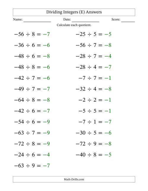 The Dividing Negative by Positive Integers from -9 to 9 (25 Questions; Large Print) (E) Math Worksheet Page 2