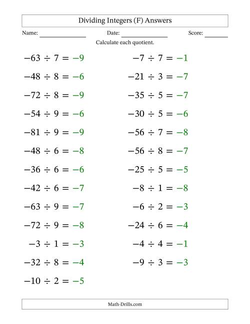 The Dividing Negative by Positive Integers from -9 to 9 (25 Questions; Large Print) (F) Math Worksheet Page 2