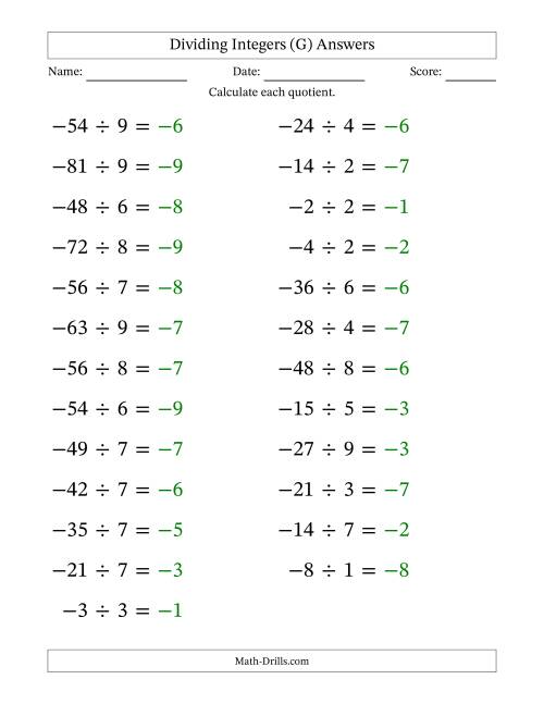 The Dividing Negative by Positive Integers from -9 to 9 (25 Questions; Large Print) (G) Math Worksheet Page 2