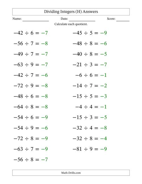 The Dividing Negative by Positive Integers from -9 to 9 (25 Questions; Large Print) (H) Math Worksheet Page 2