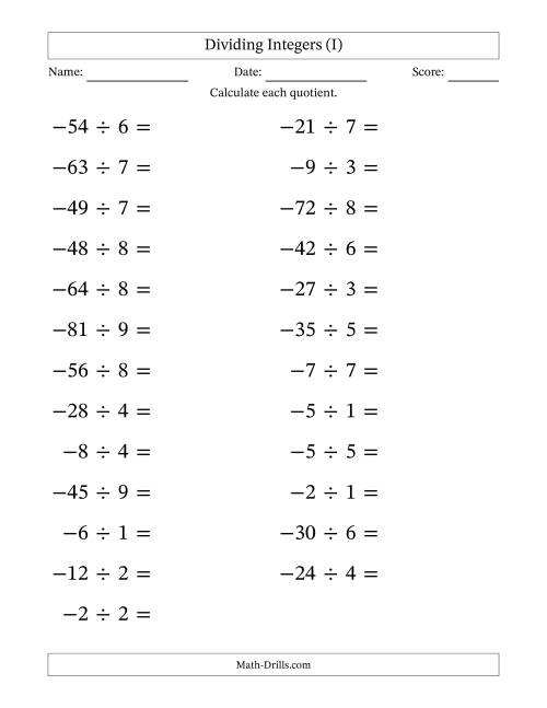 The Dividing Negative by Positive Integers from -9 to 9 (25 Questions; Large Print) (I) Math Worksheet
